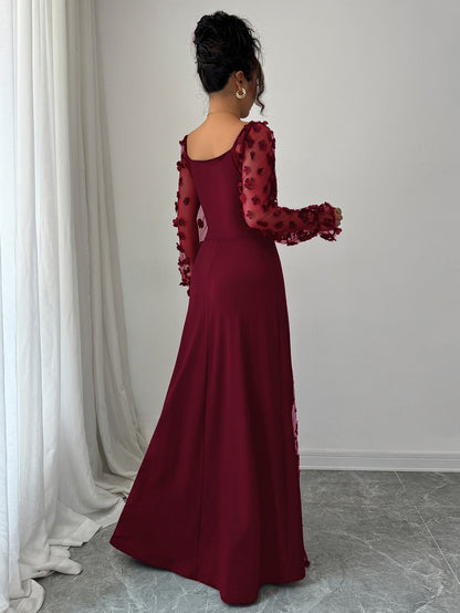 Square Neck Floral Applique Mesh Sleeve Maxi Dress