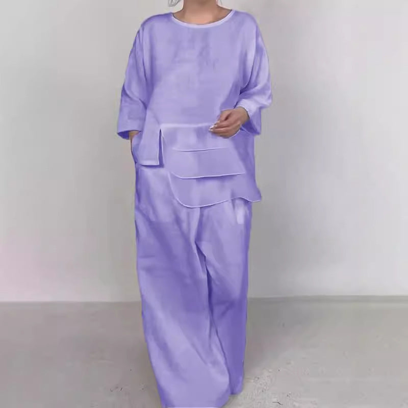 Satin Layered Top Wide Leg Pants Two Piece Set