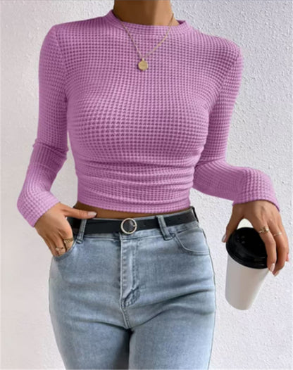 Women's Ruched Waffle Knit Long Sleeve Crop Top