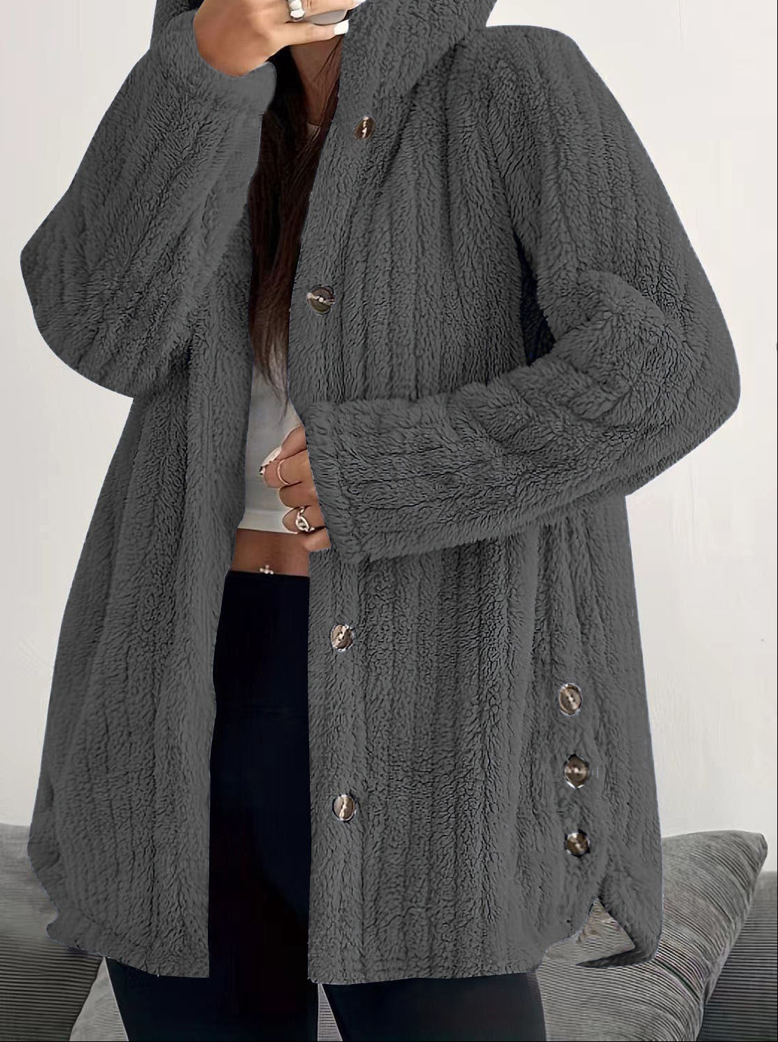 Women's Oversized Hooded Fleece Button Front Jacket