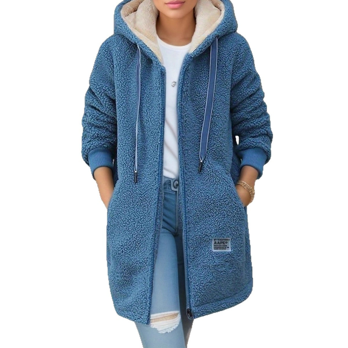 Women's Sherpa Fleece Hooded Zip Up Longline Jacket