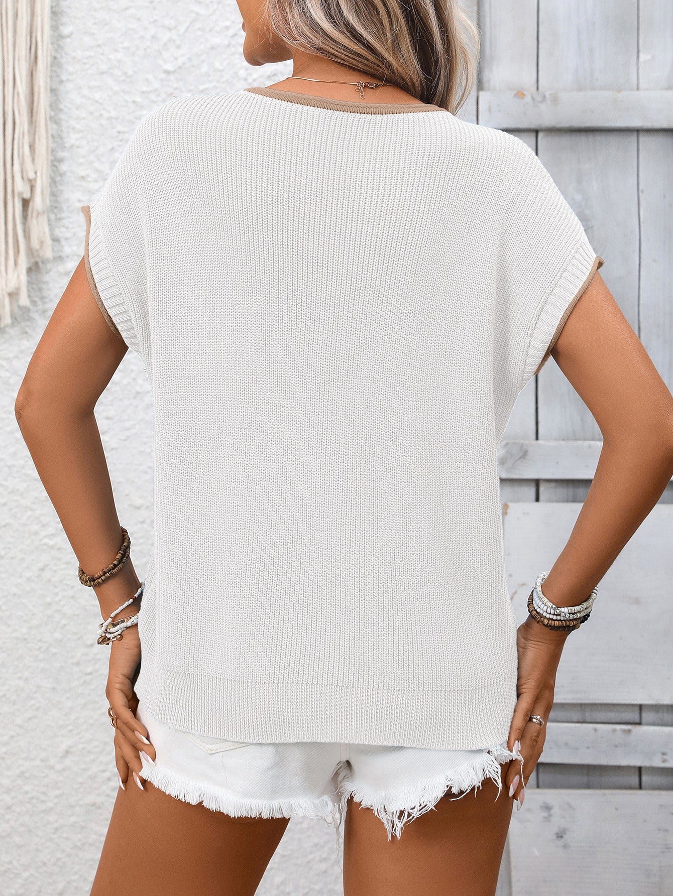 Contrast Trim Knit Top Short Sleeve Casual Sweater