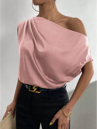 Satin One Shoulder Draped Blouse Sleeveless Top