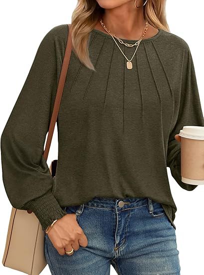 Women's Pleated Crewneck Balloon Sleeve Oversized Top