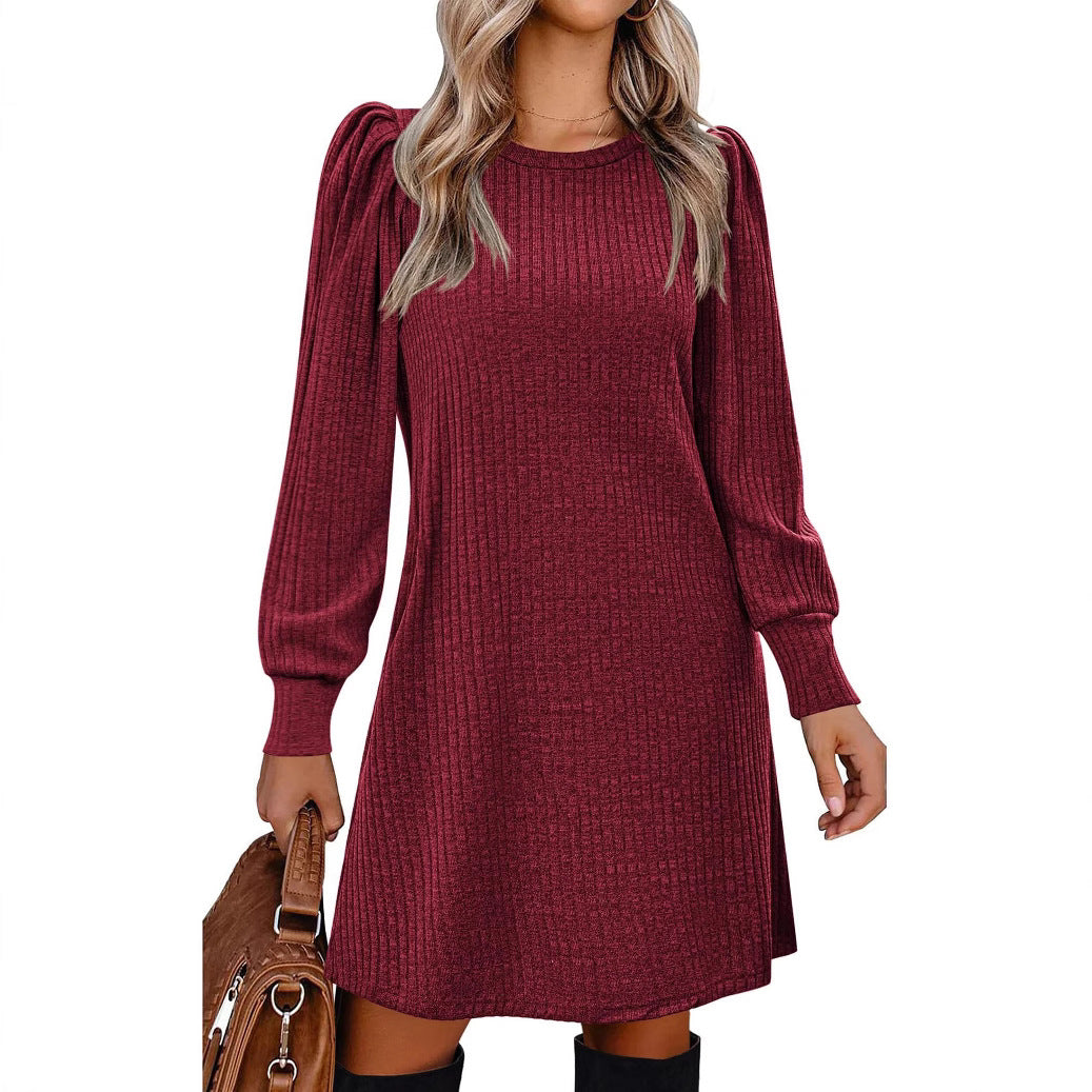 Ribbed Puff Sleeve A-Line Midi Sweater Dress