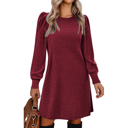 Ribbed Puff Sleeve A-Line Midi Sweater Dress