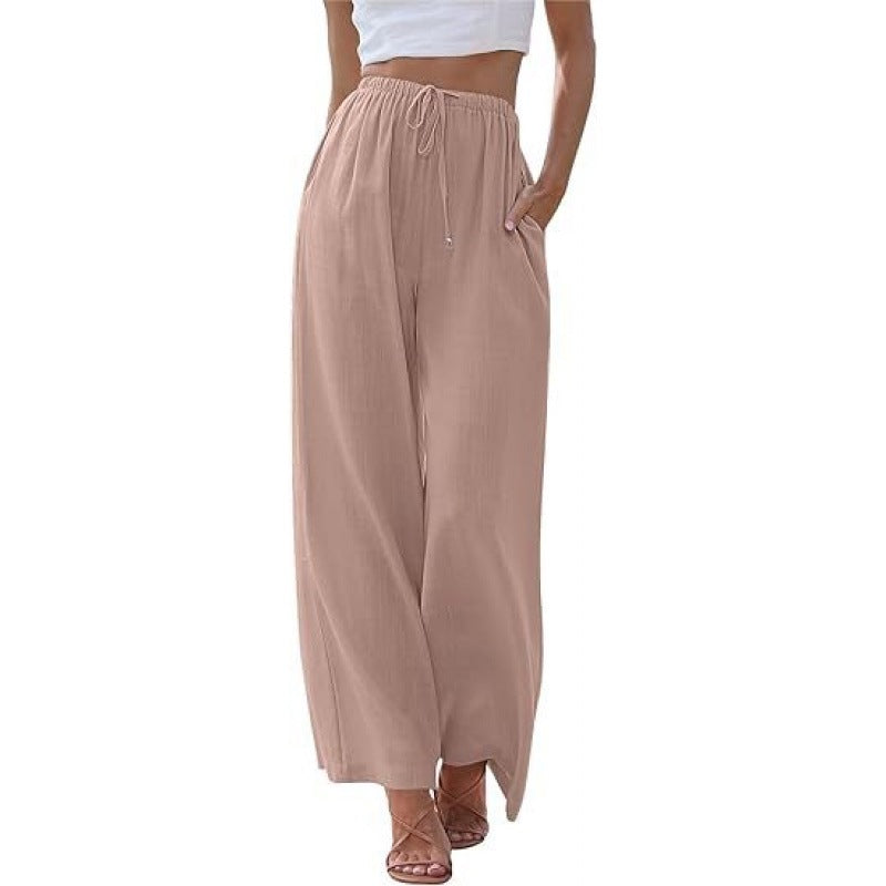 Women's Linen Wide Leg Pants Drawstring Elastic Waist