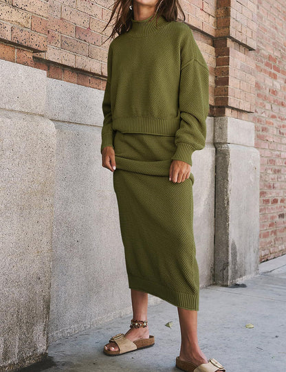 Women's Knit Two Piece Set Mock Neck Sweater Midi Skirt