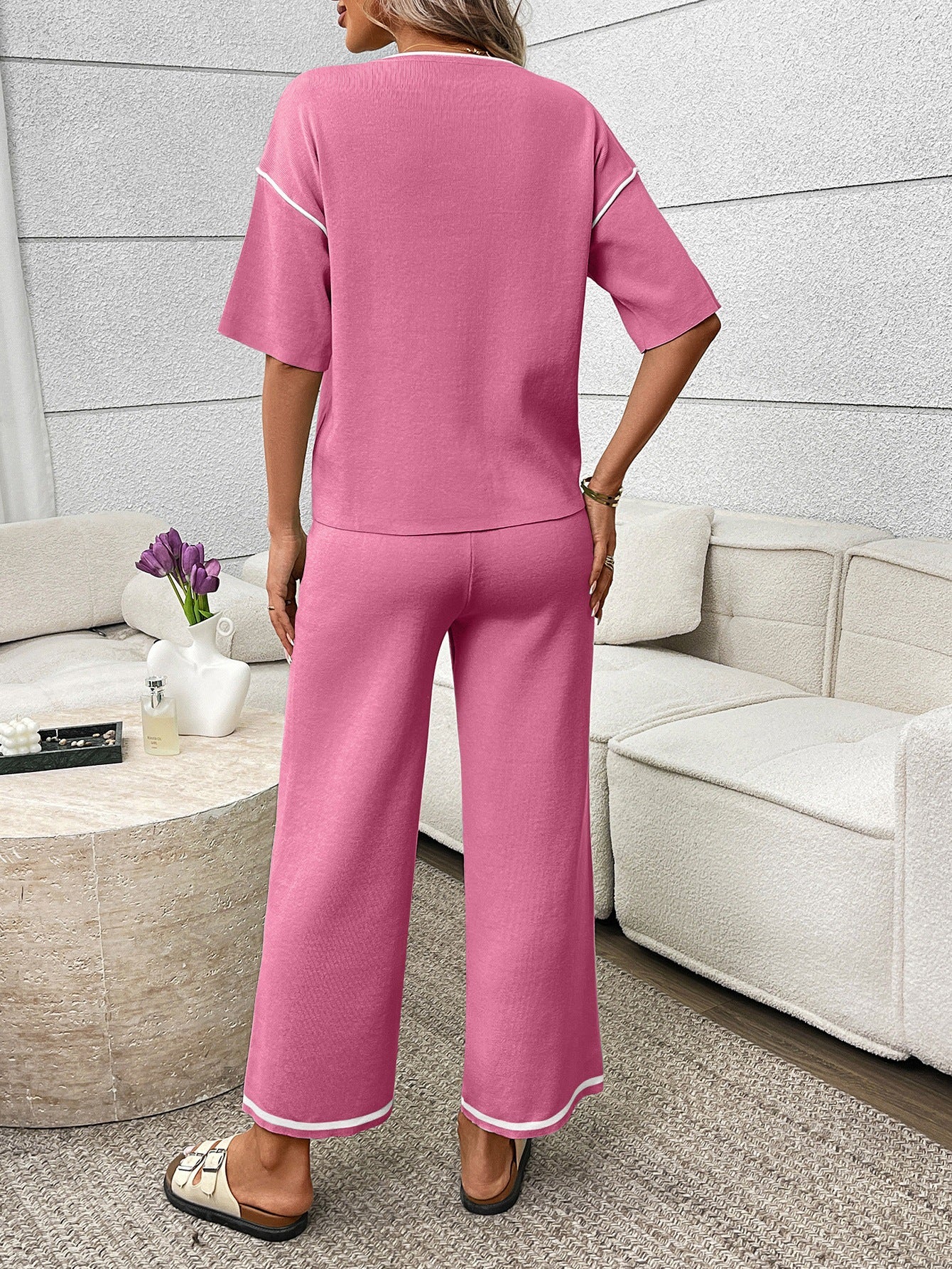 Mint Knit Lounge Set Short Sleeve Top Wide Leg Pants
