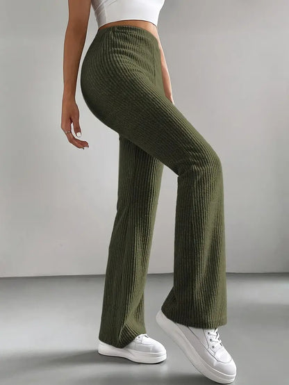 Women's High Waist Ribbed Knit Flare Pants Stretchy Casual