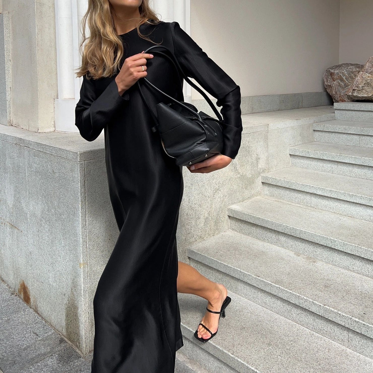Elegant Satin Long Sleeve Bodycon Maxi Dress