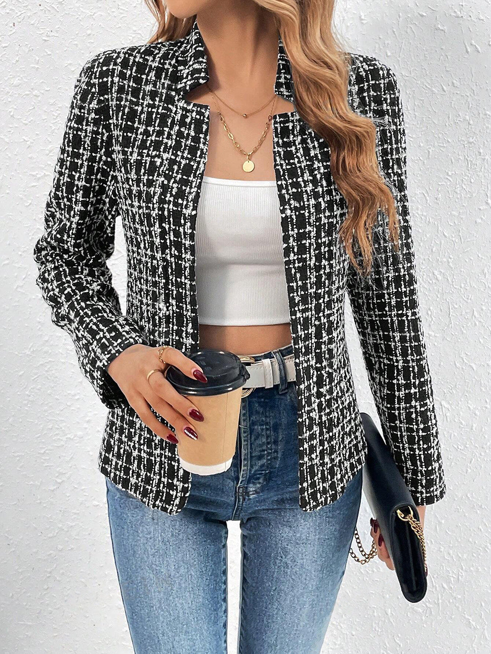 Women Tweed Plaid Open Front Blazer Jacket