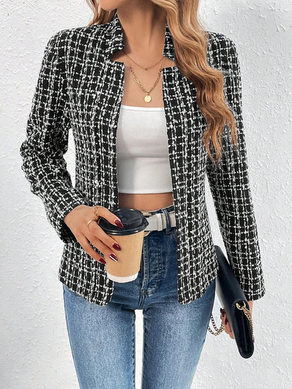 Women Tweed Plaid Open Front Blazer Jacket