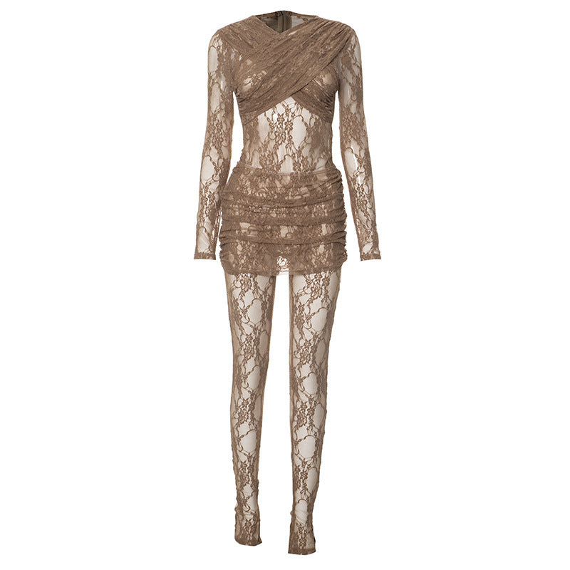 Sexy Lace Sheer Bodysuit Mini Skirt Two Piece Set