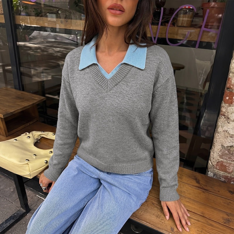Women's Layered Collar Knit Sweater Casual Pullover