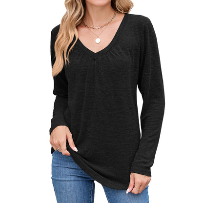 Women's Ruched V Neck Long Sleeve Loose Tunic Top