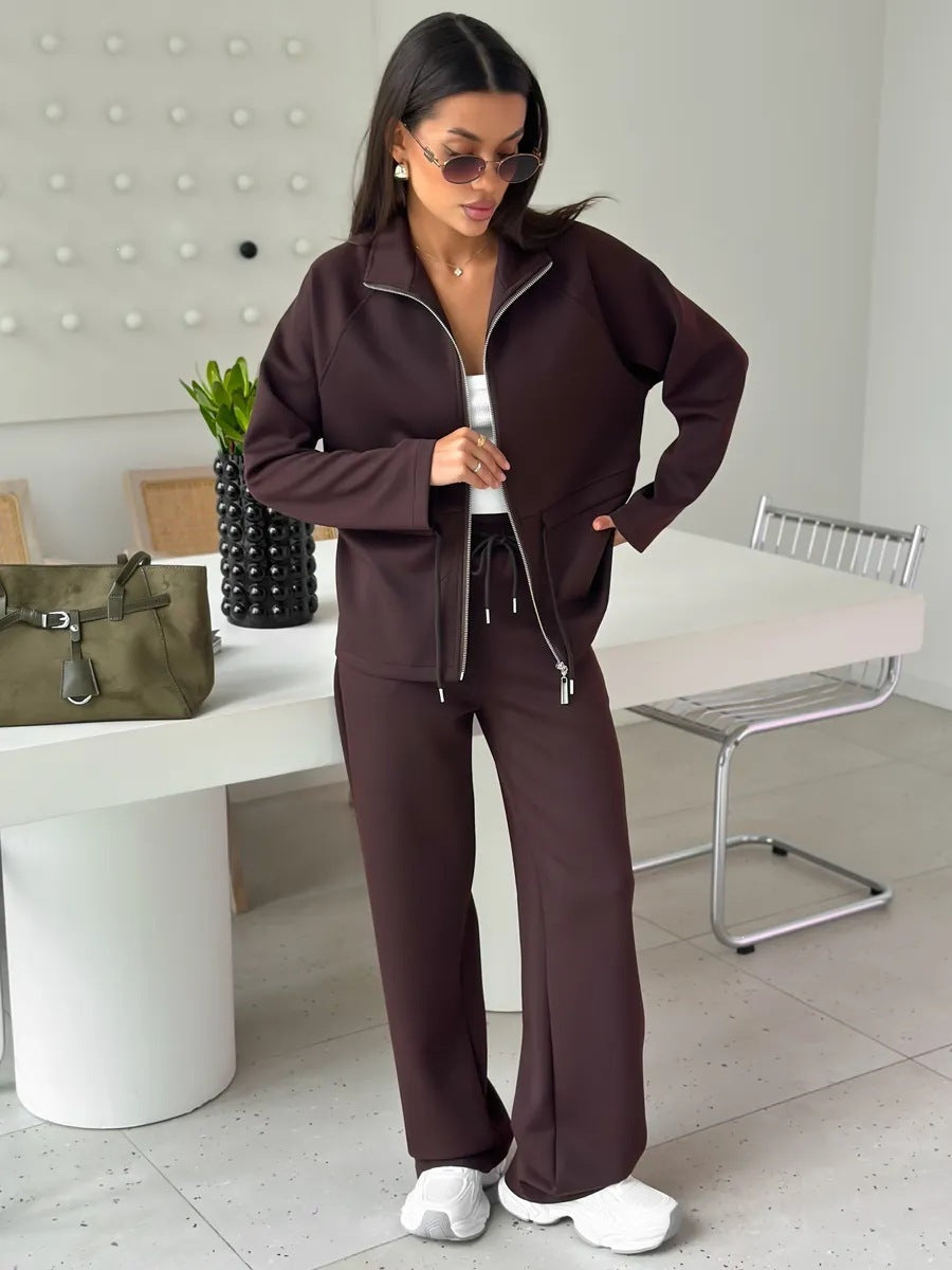 Women's Zip Up Drawstring Jacket Wide Leg Pants Set