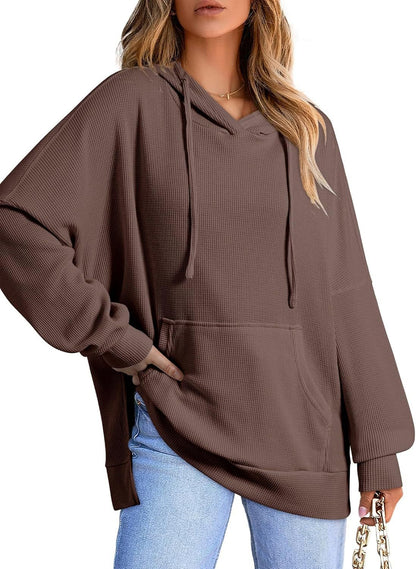 Women's Waffle Knit Hoodie Oversized Side Slit Pocket