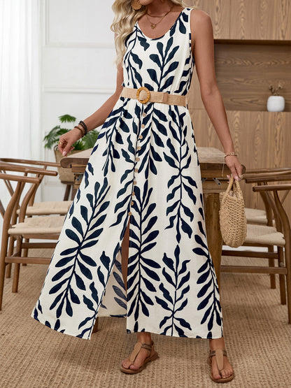 Leaf Print Sleeveless Strappy Dress with Belt Side Slit