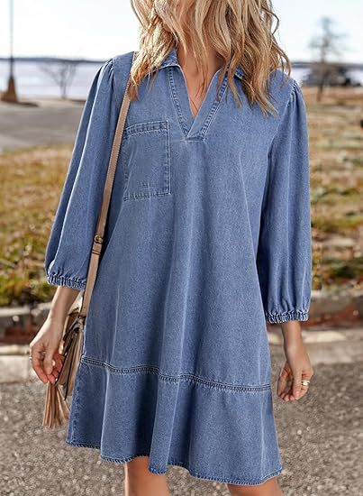 Women's V-Neck Denim Dress Puff Sleeve Tiered Jean Dress