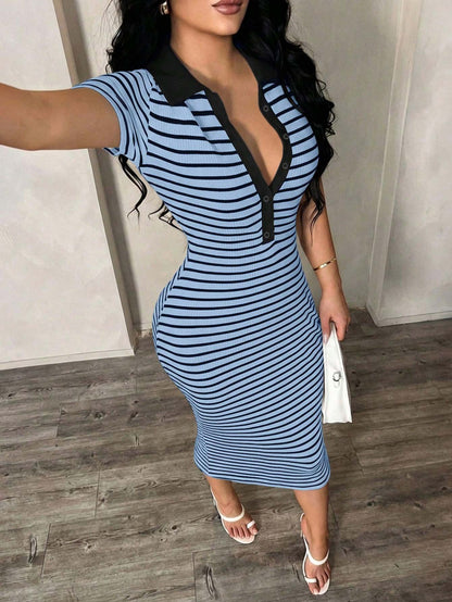 Polo Collar Stripe Bodycon Midi Dress Short Sleeve Casual