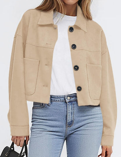 Faux Suede Cropped Button Front Jacket with Pockets