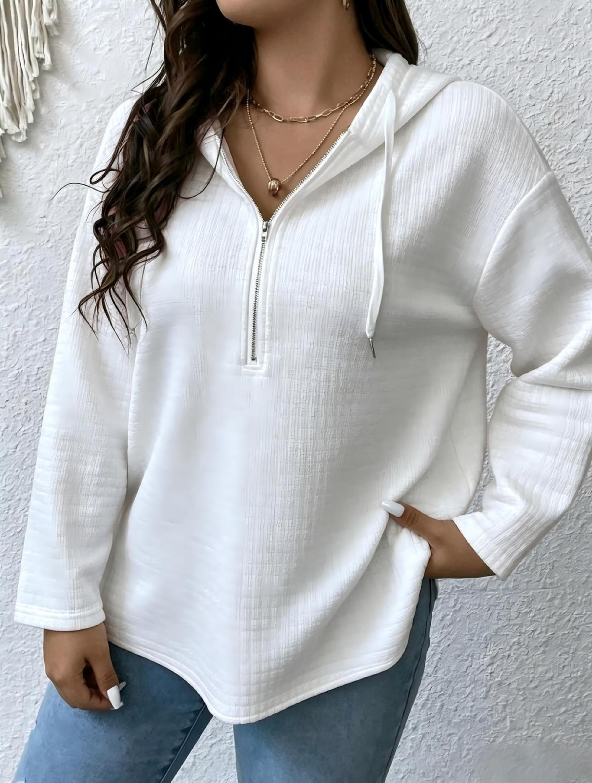 Women's Oversized Waffle Half Zip Hoodie with Pockets