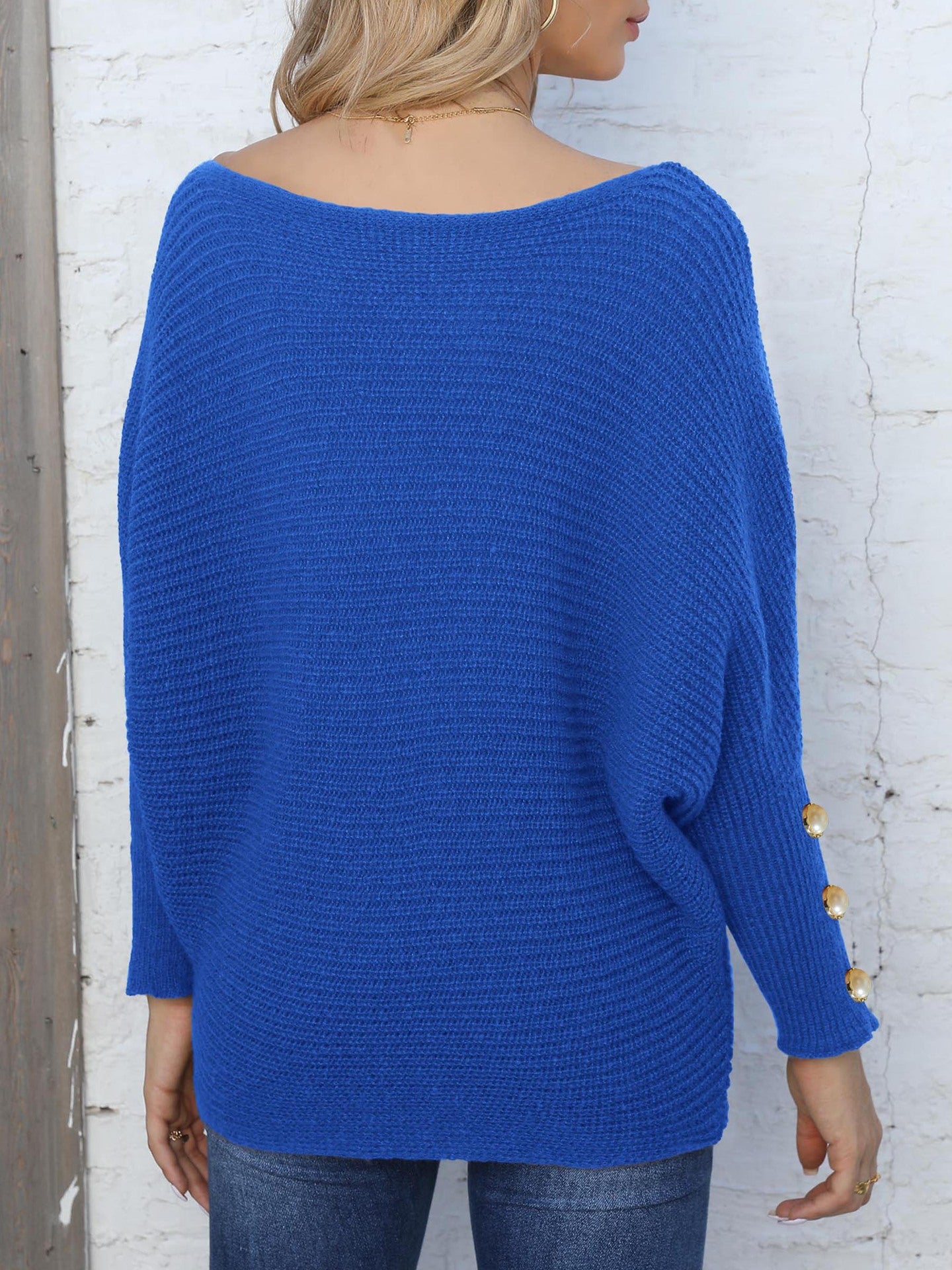 Pearl Button Decorative Bat Sleeve One-Neck Loose Sweater