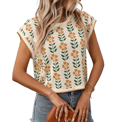 Women’s Vintage Floral Knit Crop Top Cap Sleeve Tee