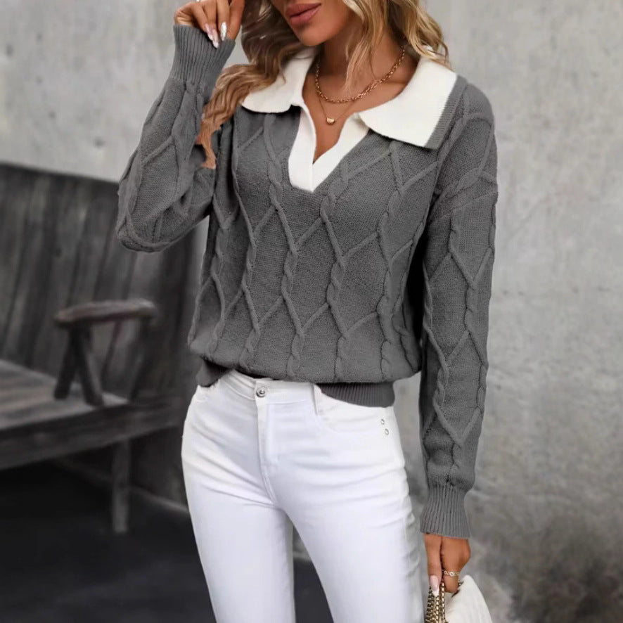 Women's Collared V Neck Colorblock Knit Sweater
