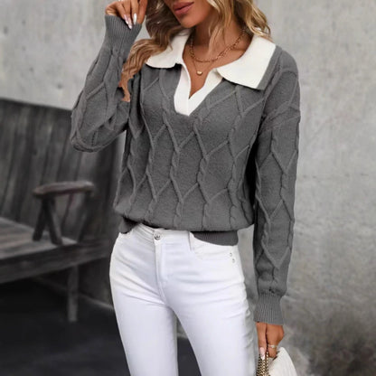 Women's Collared V Neck Colorblock Knit Sweater