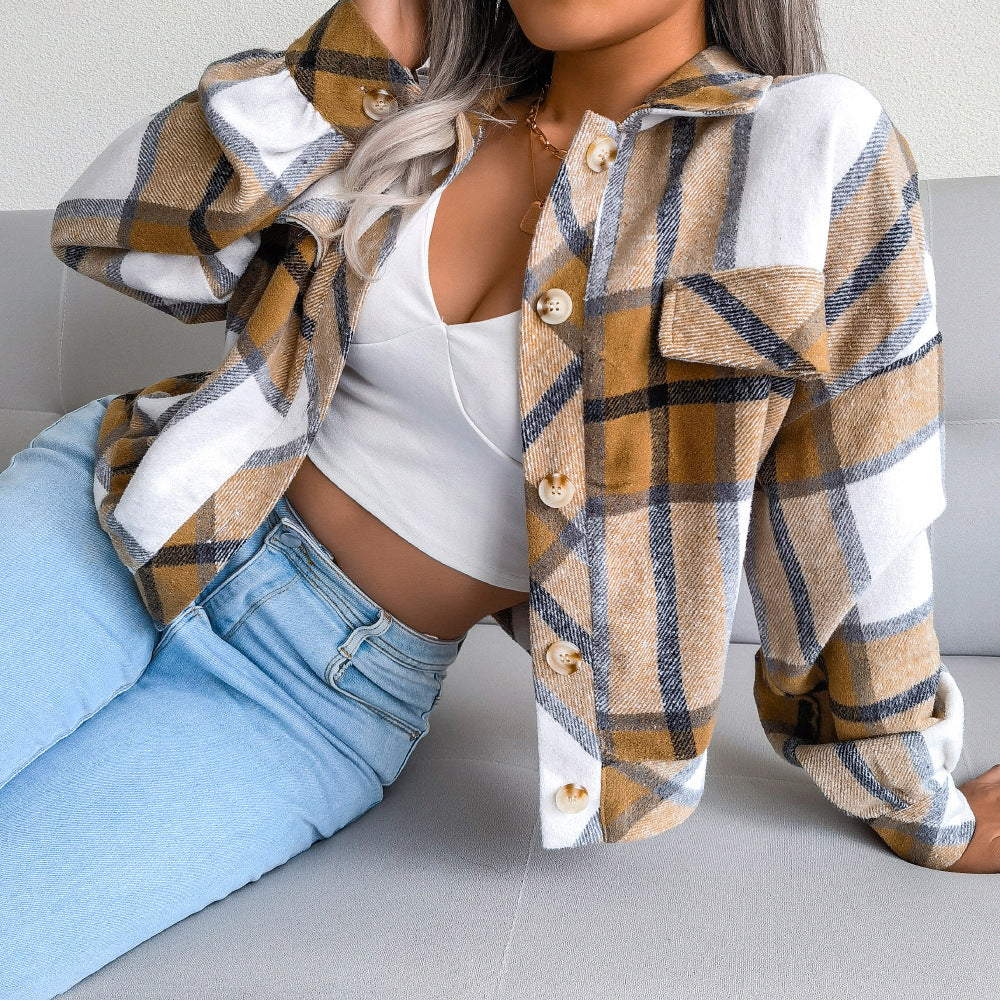Trendy Plaid Lantern Sleeve Woolen Jacket – Cozy Fall/Winter Outerwear