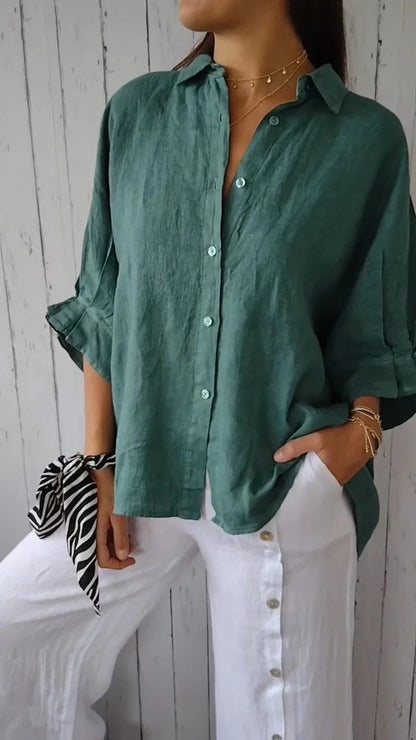 Cotton Linen Tie Back Button Down Shirt Long Sleeve