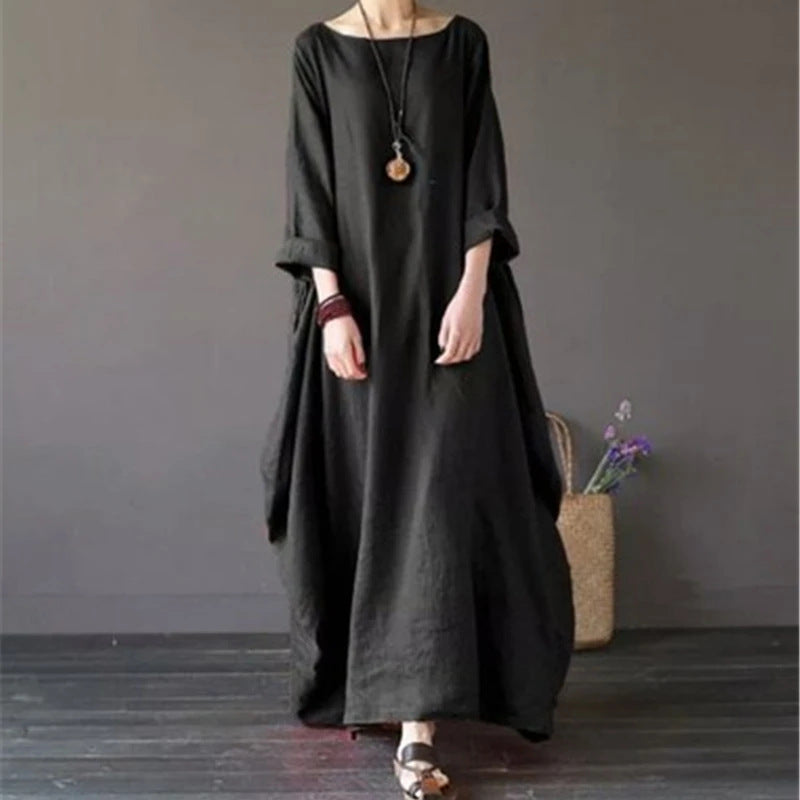 Women's Casual Loose Maxi Dress Long Sleeve Ruffle Hem Solid