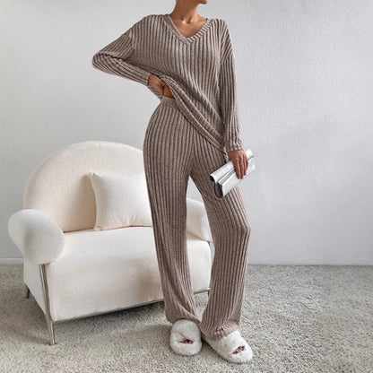 Women's Ribbed Knit V-Neck Two-Piece Lounge Set
