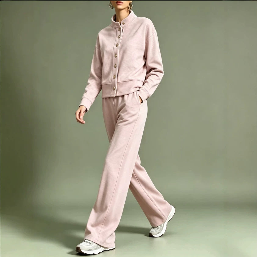 Women's Button Front Sweatshirt Wide Leg Pants Lounge Set