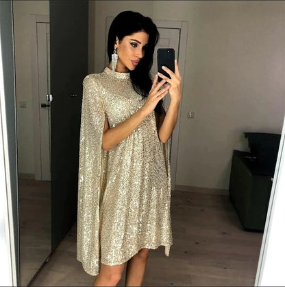 Sequin Cape Mini Dress Mock Neck Glitter Party