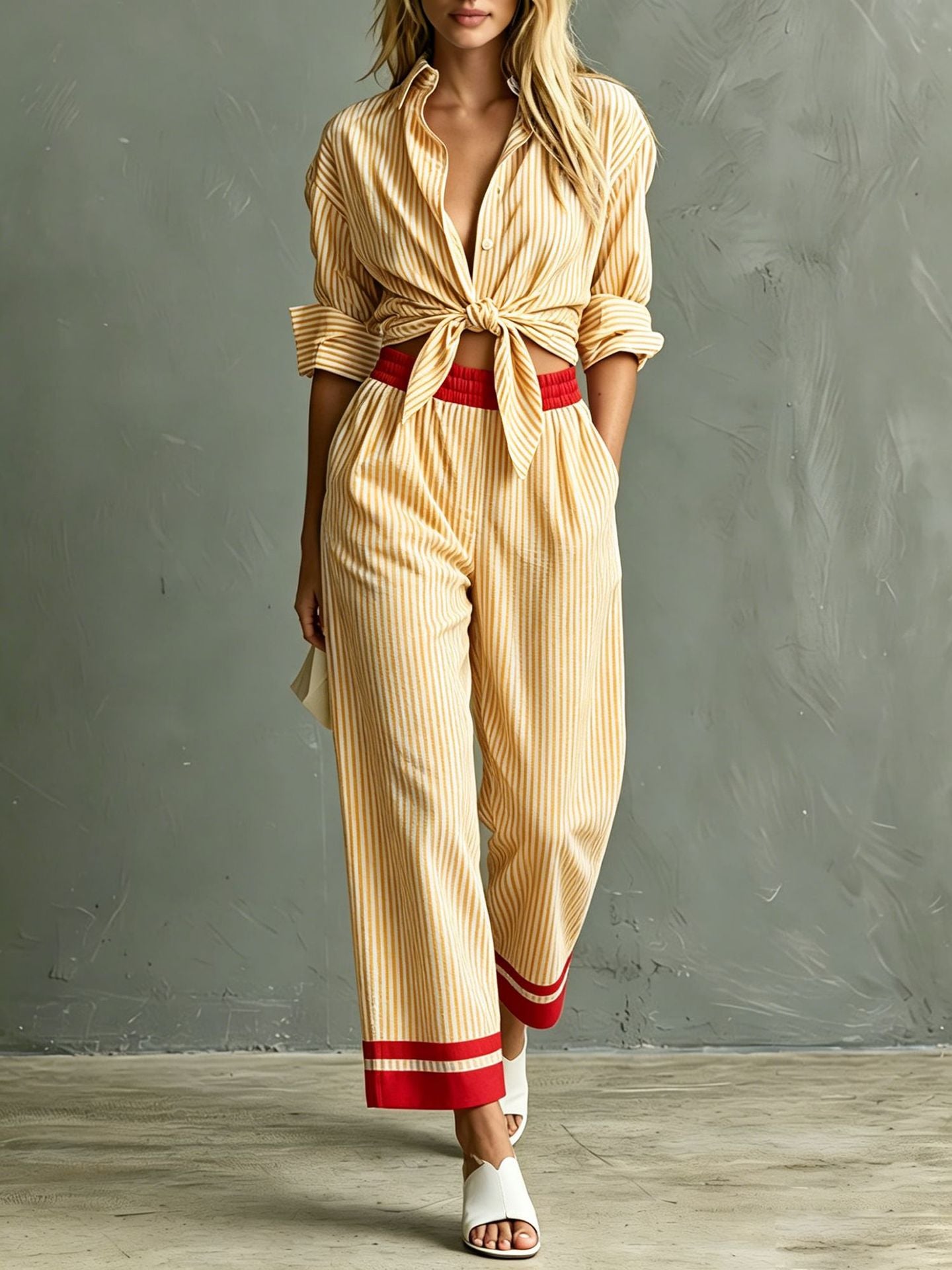Women's Striped Button Down Shirt & Pants Matching Set