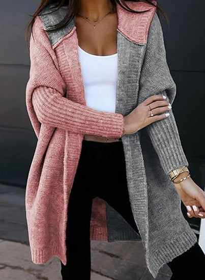 Oversized Hooded Color Block Open Front Long Cardigan