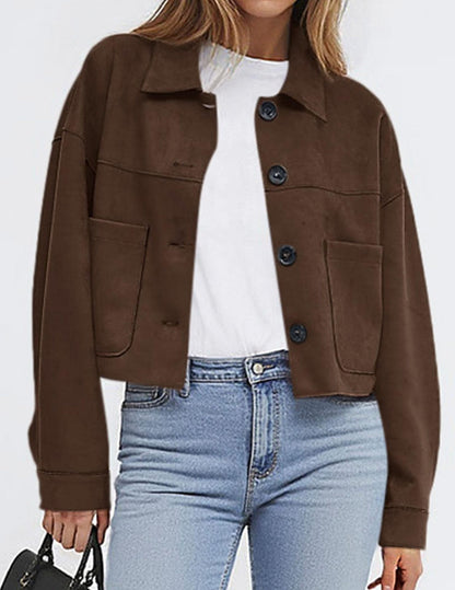 Faux Suede Cropped Button Front Jacket with Pockets