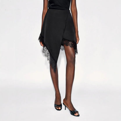 Lace Trim Asymmetrical Satin Midi Skirt Elegant A Line