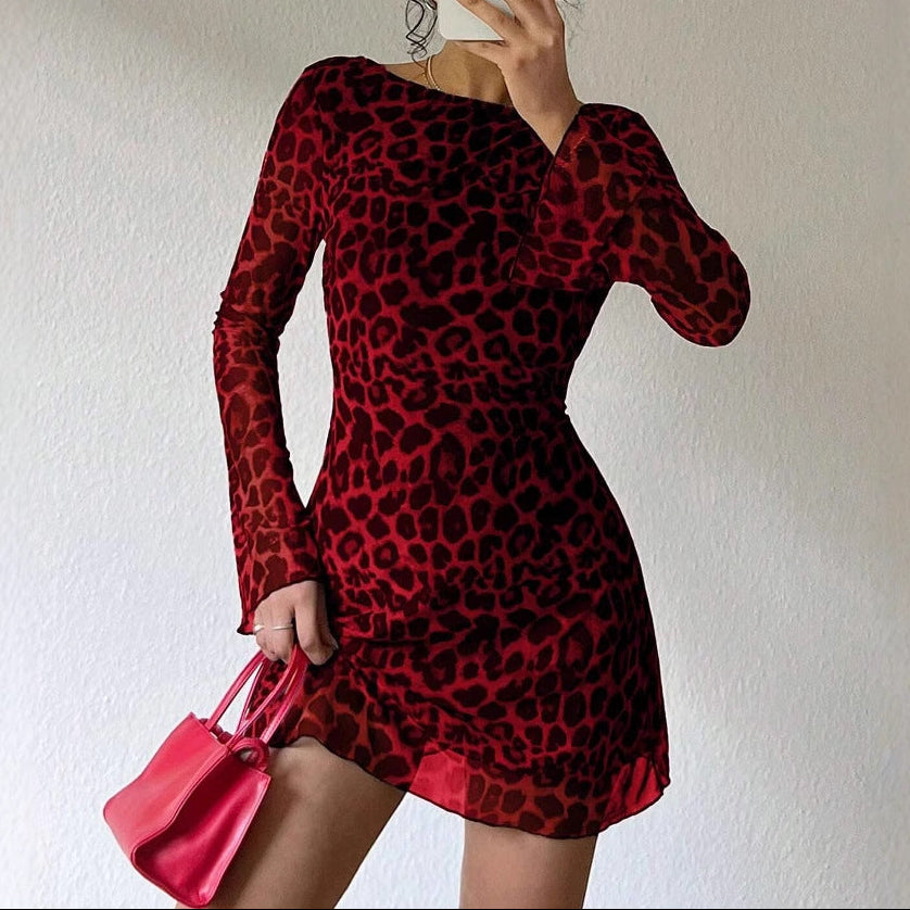 Leopard Mesh Long Sleeve Open Back Mini Dress