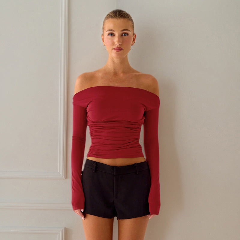 Women's Off Shoulder Ruched Long Sleeve Fitted Crop Top