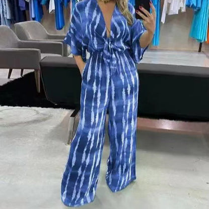 Women's V-Neck Printed Tie Waist Wide Leg Jumpsuit
