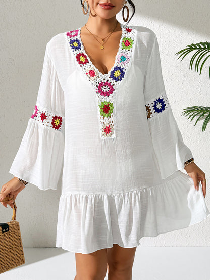 Boho Floral Crochet Ruffle Mini Beach Dress Cover Up