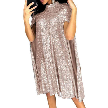 Sequin Cape Mini Dress Mock Neck Glitter Party