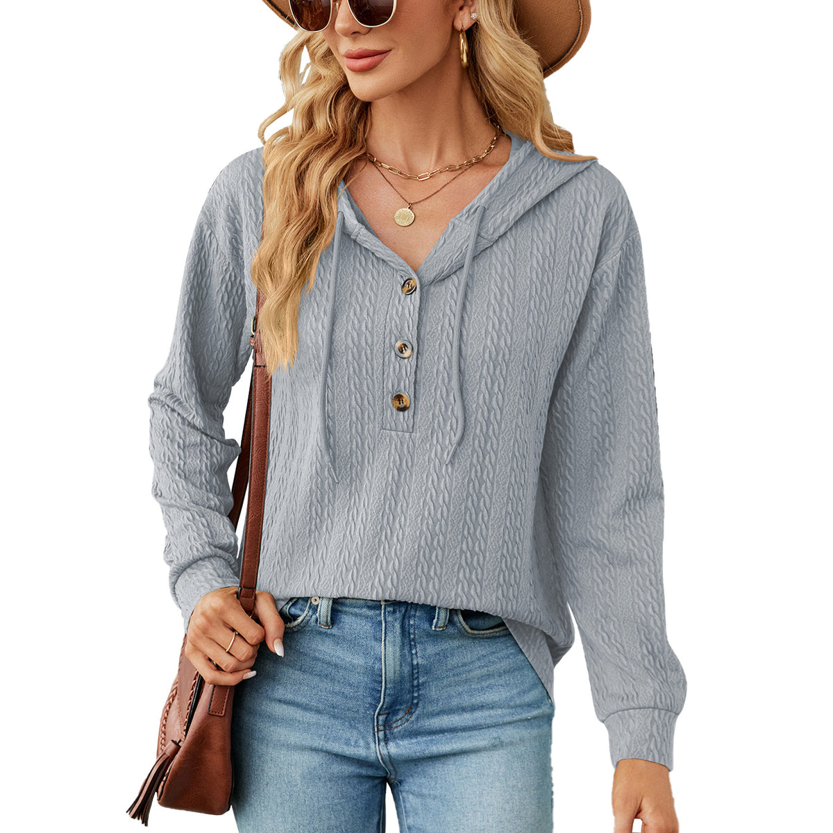 Women's Oversized V-Neck Button Hoodie Long Sleeve Top