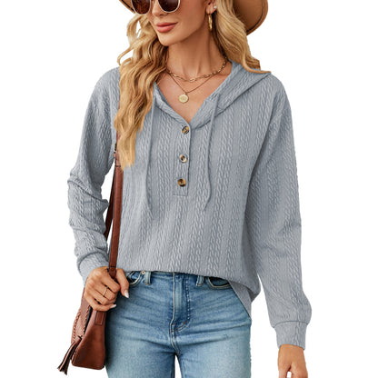 Women's Oversized V-Neck Button Hoodie Long Sleeve Top