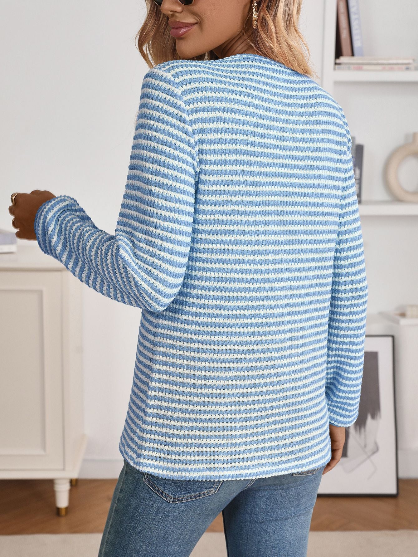 Striped waffle knit Henley top relaxed long sleeve
