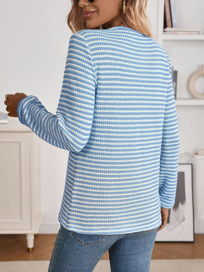 Striped waffle knit Henley top relaxed long sleeve